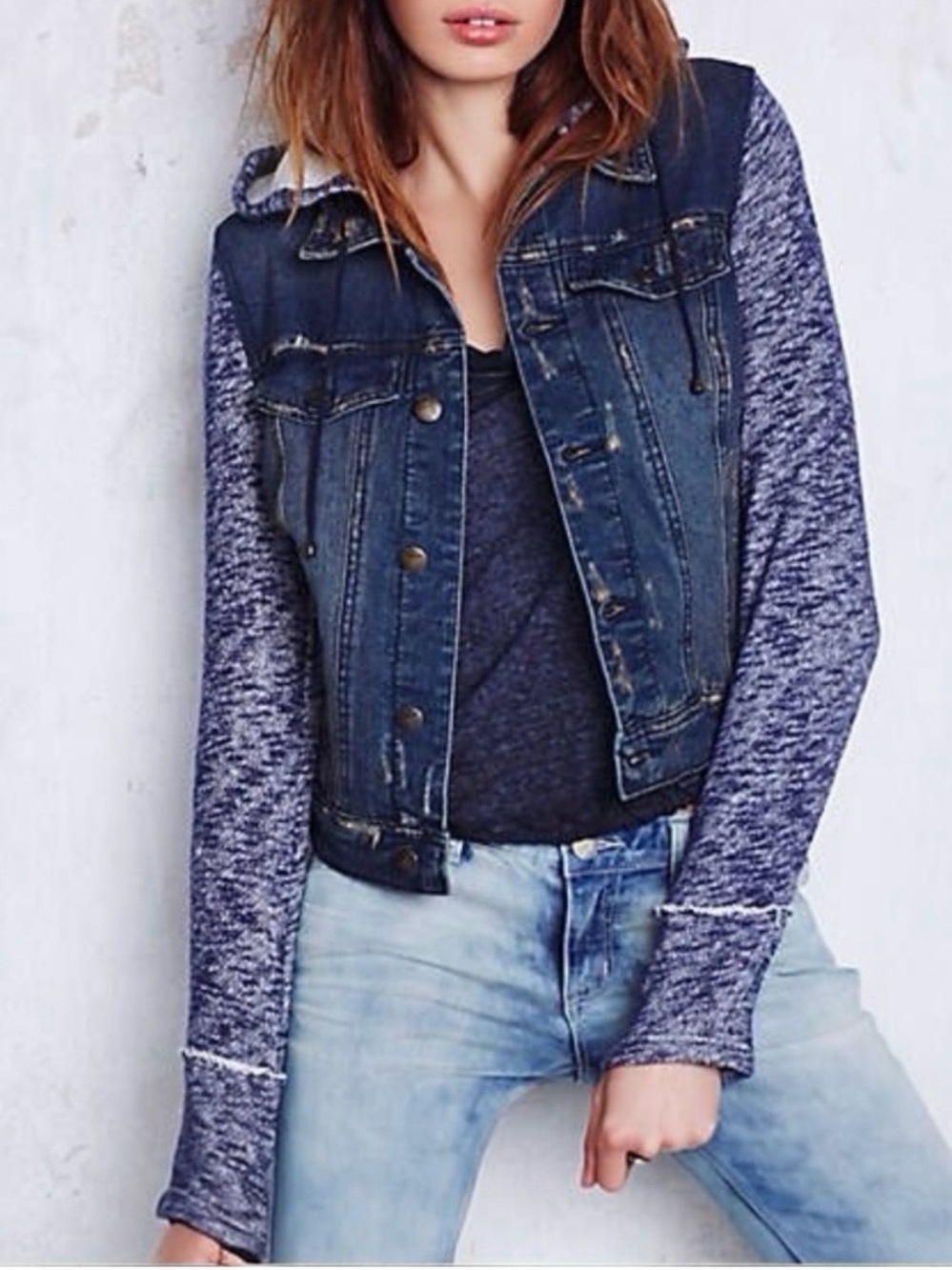 Free People Distressed Denim Jean Jacket W/ Knit Sleeves & Hood - Picture 13 of 13